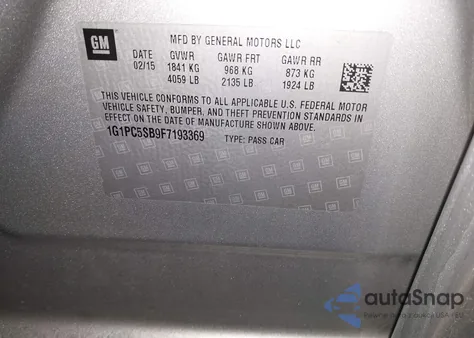 2015 Chevrolet Cruze 1Lt Auto из США, поврежденный, VIN 1G1PC5SB9F7193369